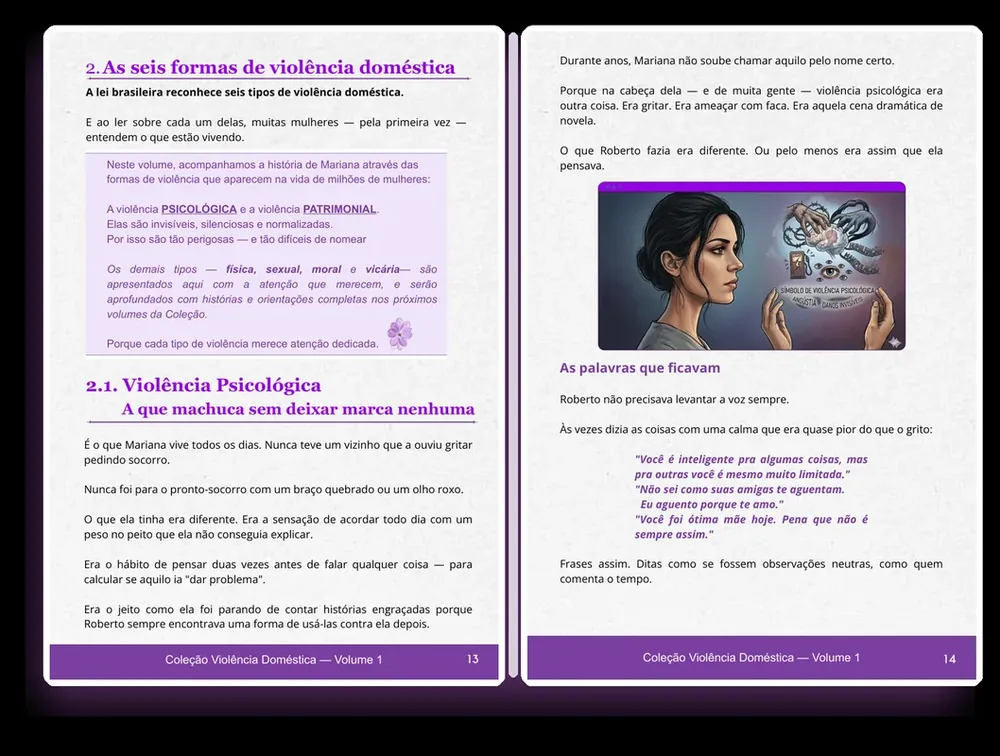 Páginas internas do ebook Ela Saiu do Silêncio em mockup de livro aberto